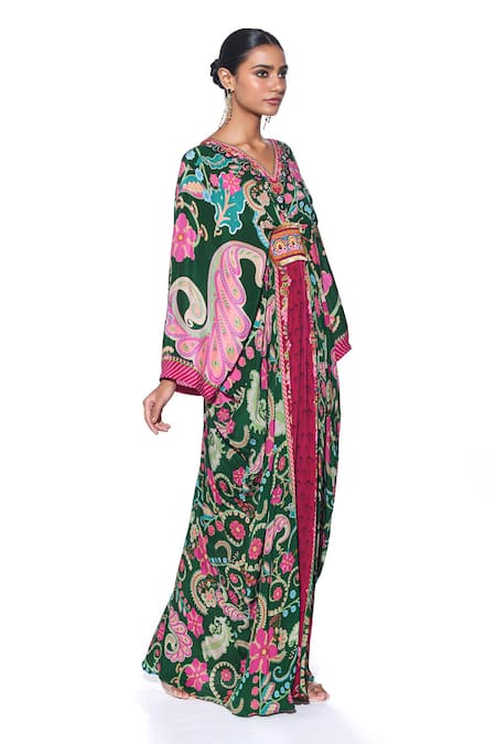 Shop Siddhartha Bansal Green Crepe Beads V-neck Mystic Fleur Print Kaftan Online at Aza Fashions Shop_Siddhartha Bansal_Green Crepe Beads V-neck Mystic Fleur Print Kaftan _Online_at_Aza_Fashions