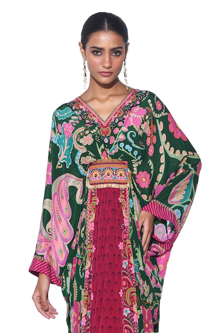 Siddhartha Bansal Green Crepe Beads V-neck Mystic Fleur Print Kaftan at Aza Fashions Siddhartha Bansal_Green Crepe Beads V-neck Mystic Fleur Print Kaftan _at_Aza_Fashions