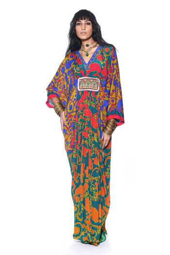 Siddhartha Bansal_Green Crepe Beads V-neck Quirky Ambrosia Fleur Print Kaftan _Online_at_Aza_Fashions
