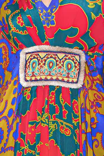Buy_Siddhartha Bansal_Green Crepe Beads V-neck Quirky Ambrosia Fleur Print Kaftan _Online_at_Aza_Fashions