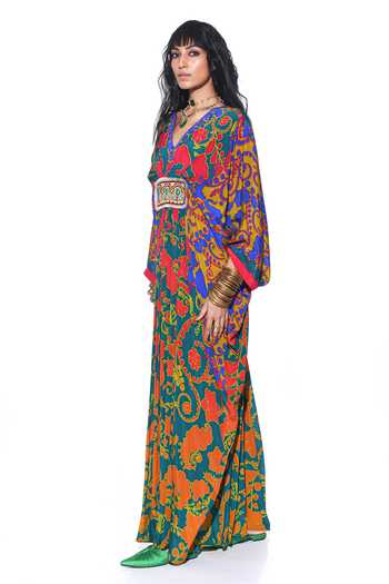 Shop_Siddhartha Bansal_Green Crepe Beads V-neck Quirky Ambrosia Fleur Print Kaftan _Online_at_Aza_Fashions