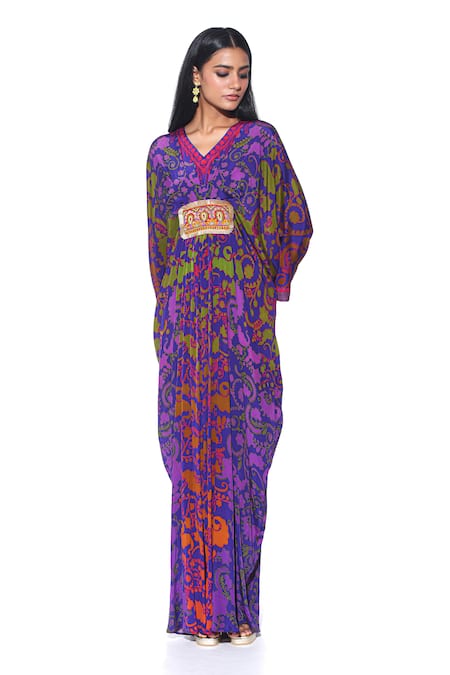 Siddhartha Bansal Purple Crepe Print Bougainvillea V Neck Fleur Kaftan 