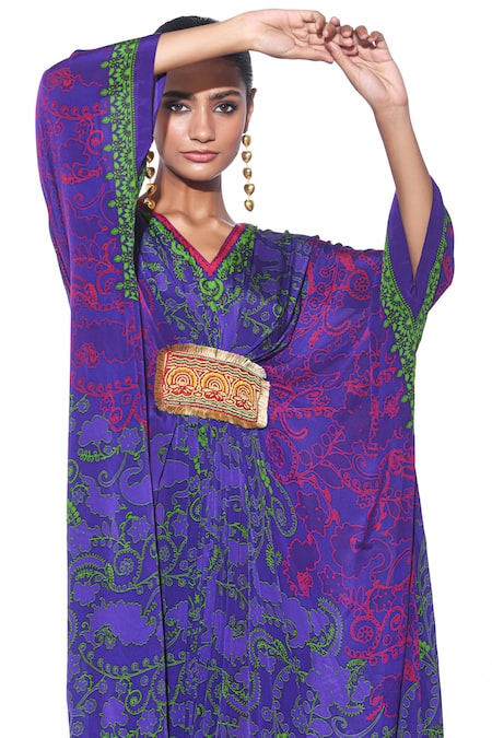 Siddhartha Bansal_Purple Crepe Print Morning Glory Fleur V Neck Kaftan _Online_at_Aza_Fashions