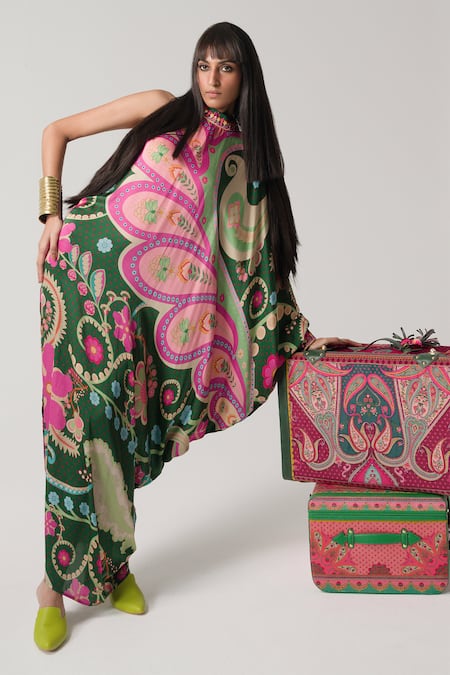Siddhartha Bansal_Multi Color Satin High Neck Vintage Moonflower Print Maxi Dress _Online_at_Aza_Fashions