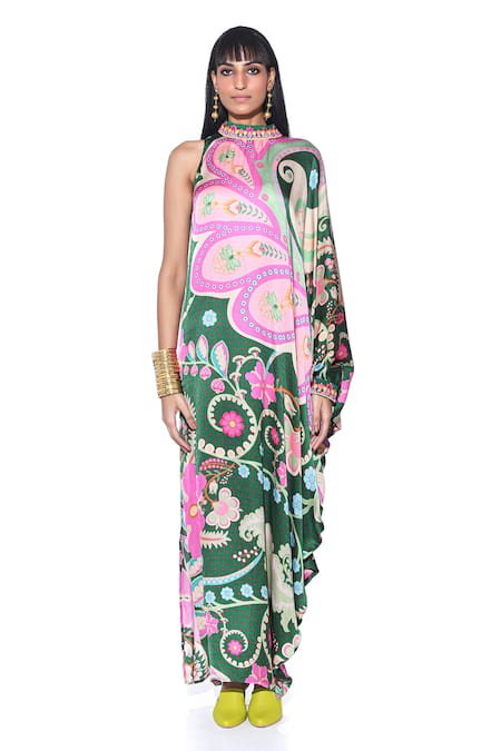 Buy_Siddhartha Bansal_Multi Color Satin High Neck Vintage Moonflower Print Maxi Dress _Online_at_Aza_Fashions