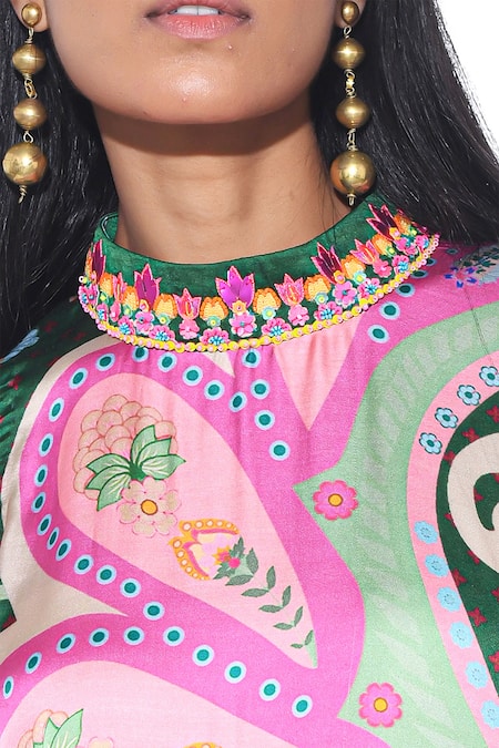 Shop_Siddhartha Bansal_Multi Color Satin High Neck Vintage Moonflower Print Maxi Dress _Online_at_Aza_Fashions