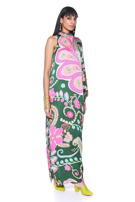 Siddhartha Bansal_Multi Color Satin High Neck Vintage Moonflower Print Maxi Dress _at_Aza_Fashions