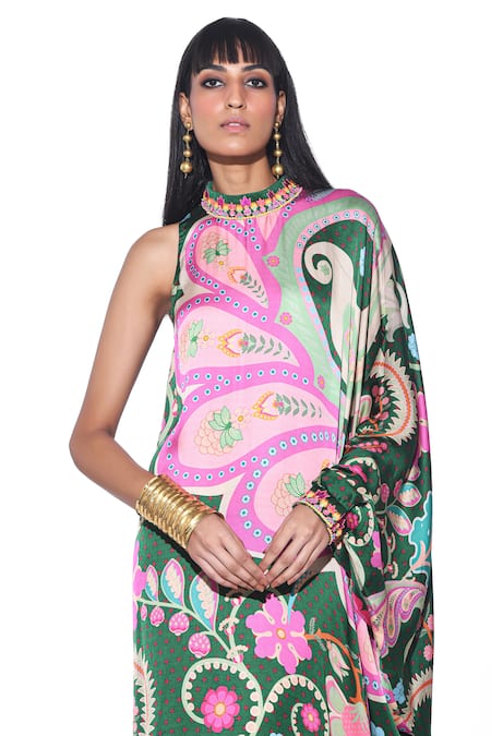 Buy_Siddhartha Bansal_Multi Color Satin High Neck Vintage Moonflower Print Maxi Dress 