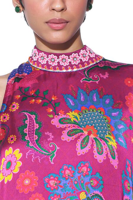 Buy_Siddhartha Bansal_Red Satin Embroidery High Neck Vintage Passionflower Print Maxi Dress _Online_at_Aza_Fashions