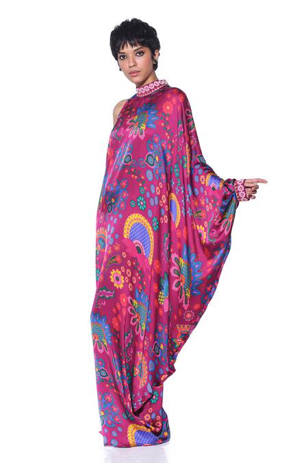 Shop_Siddhartha Bansal_Red Satin Embroidery High Neck Vintage Passionflower Print Maxi Dress _Online_at_Aza_Fashions