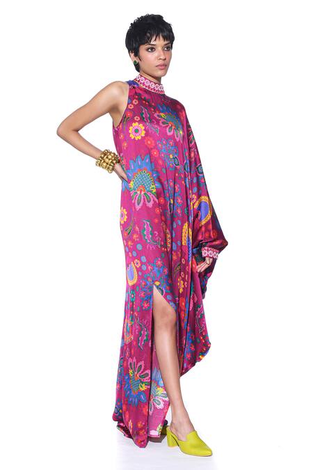 Siddhartha Bansal_Red Satin Embroidery High Neck Vintage Passionflower Print Maxi Dress _at_Aza_Fashions