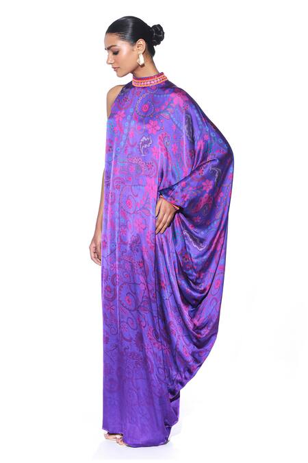 Siddhartha Bansal_Purple Satin Embroidery High Neck Quirky Wisteria Fleur Print Maxi Dress _Online_at_Aza_Fashions