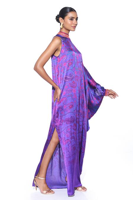 Shop_Siddhartha Bansal_Purple Satin Embroidery High Neck Quirky Wisteria Fleur Print Maxi Dress _Online_at_Aza_Fashions