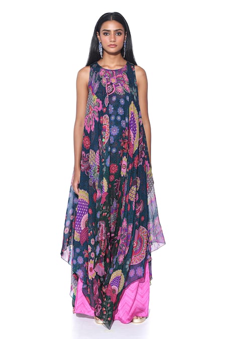 Siddhartha Bansal Retro Bloom Print Embellished High Low Tunic With Flared Pant 