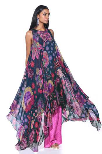 Siddhartha Bansal_Blue Silk Organza, Retro Bloom Print Embellished High Low Tunic With Flared Pant _Online_at_Aza_Fashions