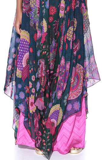 Buy_Siddhartha Bansal_Blue Silk Organza, Retro Bloom Print Embellished High Low Tunic With Flared Pant _Online_at_Aza_Fashions