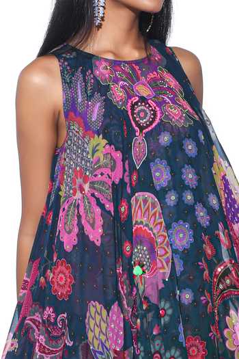 Shop_Siddhartha Bansal_Blue Silk Organza, Retro Bloom Print Embellished High Low Tunic With Flared Pant _Online_at_Aza_Fashions