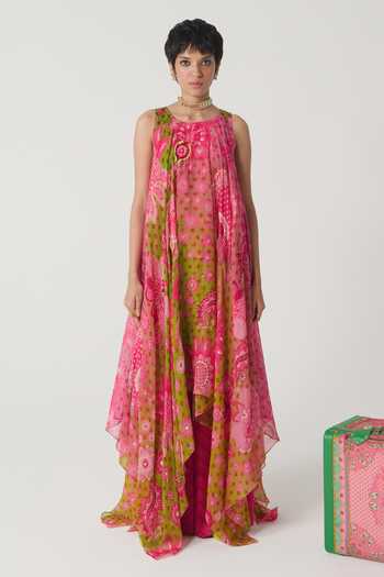 Siddhartha Bansal Pink Silk Organza, Wild Bloom Print Embellished High Low Tunic With Flared Pant Online at Aza Fashions Siddhartha Bansal_Pink Silk Organza, Wild Bloom Print Embellished High Low Tunic With Flared Pant _Online_at_Aza_Fashions