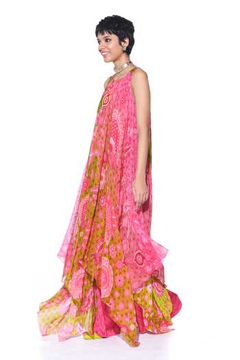 Siddhartha Bansal Pink Silk Organza, Wild Bloom Print Embellished High Low Tunic With Flared Pant at Aza Fashions Siddhartha Bansal_Pink Silk Organza, Wild Bloom Print Embellished High Low Tunic With Flared Pant _at_Aza_Fashions