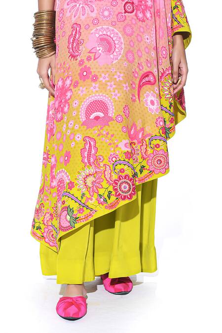 Siddhartha Bansal_Peach Crepe Print Blossomy Sight High Neck Cape Dress With Jumpsuit  _Online_at_Aza_Fashions