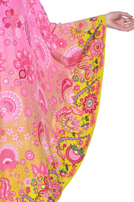 Shop_Siddhartha Bansal_Peach Crepe Print Blossomy Sight High Neck Cape Dress With Jumpsuit  _Online_at_Aza_Fashions