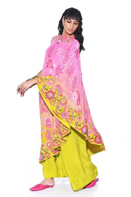 Siddhartha Bansal_Peach Crepe Print Blossomy Sight High Neck Cape Dress With Jumpsuit  _at_Aza_Fashions