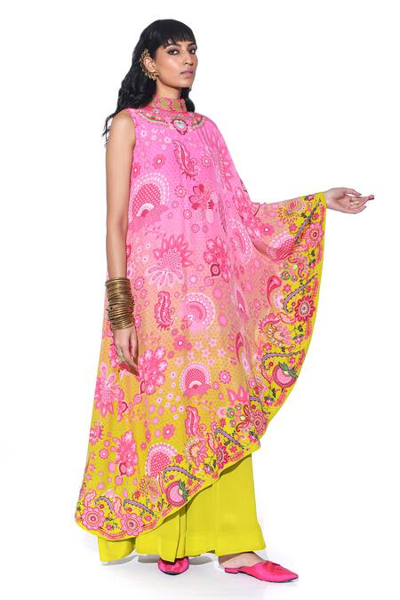 Buy_Siddhartha Bansal_Peach Crepe Print Blossomy Sight High Neck Cape Dress With Jumpsuit  