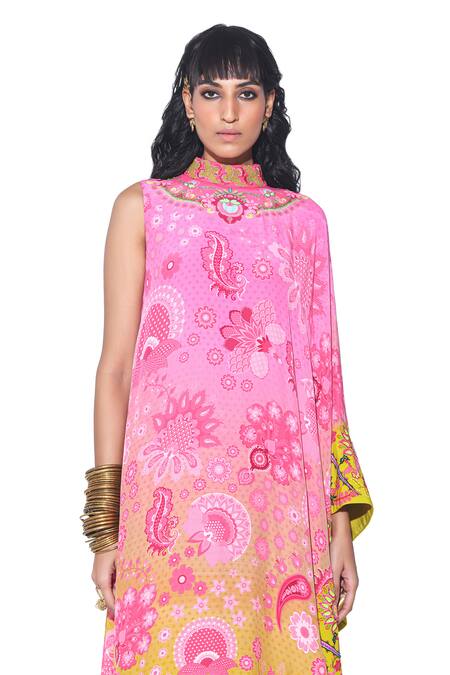 Shop_Siddhartha Bansal_Peach Crepe Print Blossomy Sight High Neck Cape Dress With Jumpsuit  