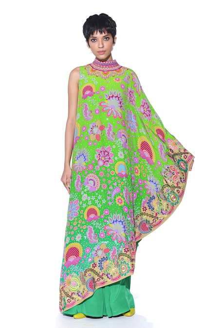 Siddhartha Bansal Paisley Bloom Print Cape Dress With Jumpsuit 