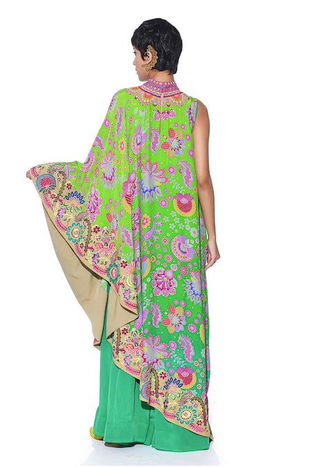 Siddhartha Bansal Paisley Bloom Print Cape Dress With Jumpsuit 