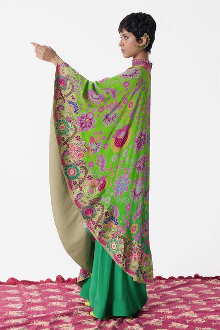 Siddhartha Bansal_Green Crepe Print Paisley Bloom High Neck Cape Dress With Jumpsuit  _Online_at_Aza_Fashions