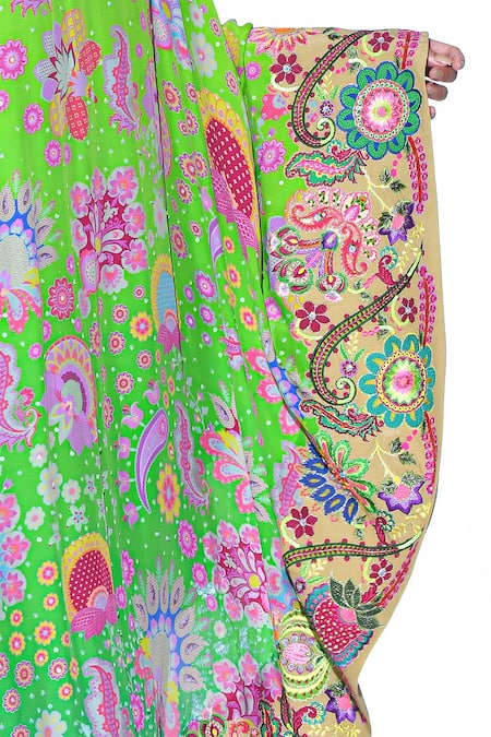 Buy_Siddhartha Bansal_Green Crepe Print Paisley Bloom High Neck Cape Dress With Jumpsuit  _Online_at_Aza_Fashions