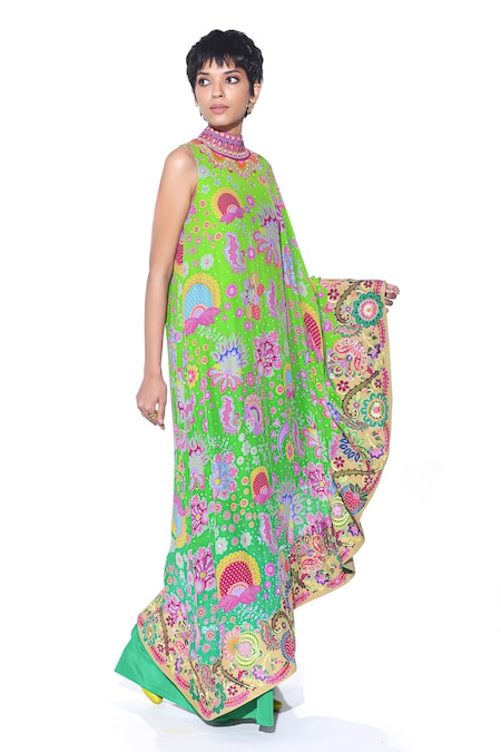Shop_Siddhartha Bansal_Green Crepe Print Paisley Bloom High Neck Cape Dress With Jumpsuit  _Online_at_Aza_Fashions