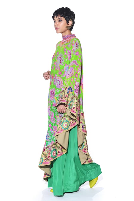 Siddhartha Bansal_Green Crepe Print Paisley Bloom High Neck Cape Dress With Jumpsuit  _at_Aza_Fashions
