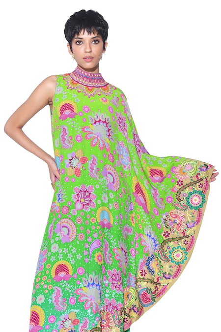 Buy_Siddhartha Bansal_Green Crepe Print Paisley Bloom High Neck Cape Dress With Jumpsuit  