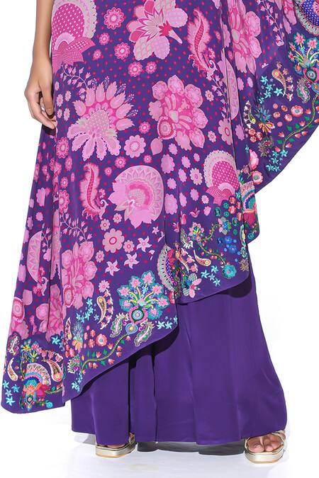 Siddhartha Bansal_Purple Crepe Embroidery High Neck Petunia Fleur Print Cape Dress With Jumpsuit _Online_at_Aza_Fashions
