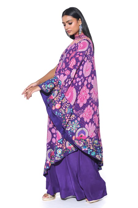 Buy_Siddhartha Bansal_Purple Crepe Embroidery High Neck Petunia Fleur Print Cape Dress With Jumpsuit _Online_at_Aza_Fashions