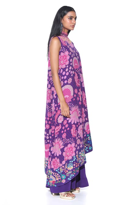 Shop_Siddhartha Bansal_Purple Crepe Embroidery High Neck Petunia Fleur Print Cape Dress With Jumpsuit _Online_at_Aza_Fashions