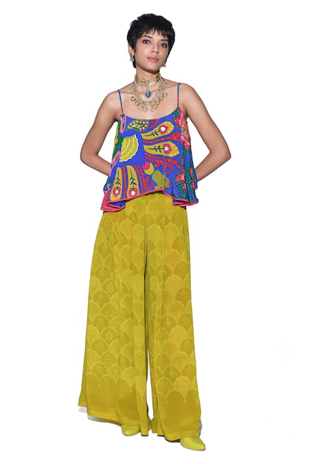 Buy_Siddhartha Bansal_Blue Top Shell Crepe Print Playful Damask Semi Strappy With Palazzo  _Online_at_Aza_Fashions