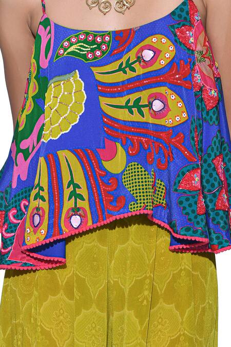 Shop_Siddhartha Bansal_Blue Top Shell Crepe Print Playful Damask Semi Strappy With Palazzo  _Online_at_Aza_Fashions