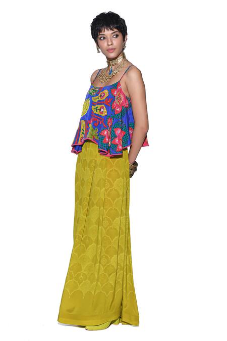 Siddhartha Bansal_Blue Top Shell Crepe Print Playful Damask Semi Strappy With Palazzo  _at_Aza_Fashions
