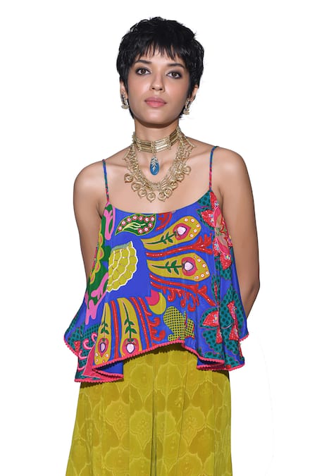 Buy_Siddhartha Bansal_Blue Top Shell Crepe Print Playful Damask Semi Strappy With Palazzo  