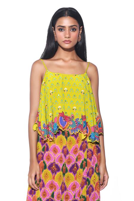 Buy Siddhartha Bansal Yellow Top Shell Crepe Print Ditsy Cut Work Strappy With Palazzo Buy_Siddhartha Bansal_Yellow Top Shell Crepe Print Ditsy Cut Work Strappy With Palazzo