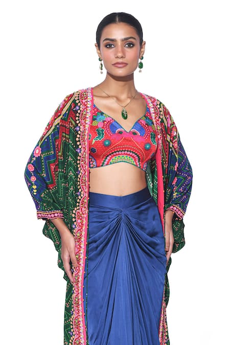 Siddhartha Bansal_Green Shrug Pure Crepe Printed Floral V Neck Embroidered Skirt Set  _Online_at_Aza_Fashions