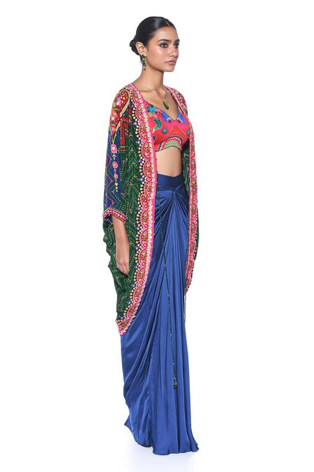Buy_Siddhartha Bansal_Green Shrug Pure Crepe Printed Floral V Neck Embroidered Skirt Set  _Online_at_Aza_Fashions