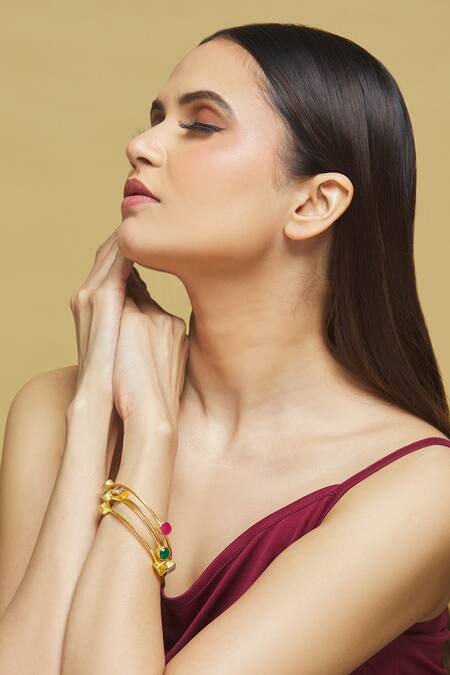 Shop_Nepra By Neha Goel_Gold Plated Stones Embellished Bangles - Set Of 4_Online_at_Aza_Fashions