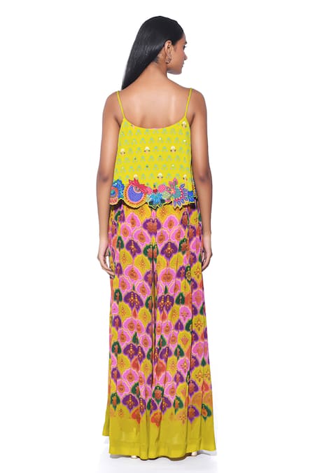Shop Siddhartha Bansal Yellow Top Shell Crepe Print Ditsy Cut Work Strappy With Palazzo at Aza Fashions Shop_Siddhartha Bansal_Yellow Top Shell Crepe Print Ditsy Cut Work Strappy With Palazzo _at_Aza_Fashions