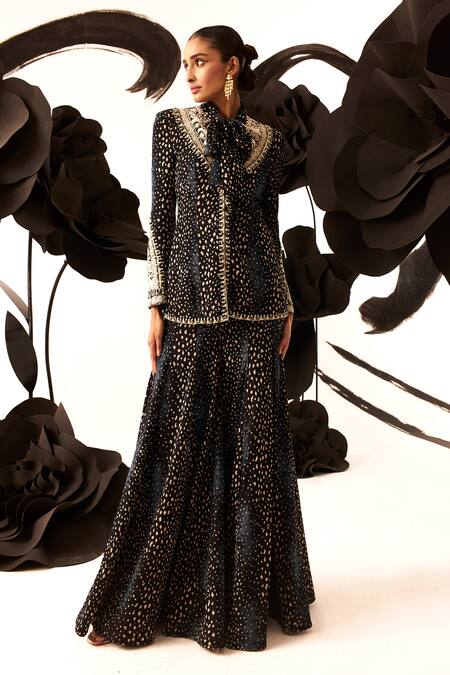 Bhumika Sharma Black Georgette Embroidery V-neck Rosette Print Jacket And Sharara Set