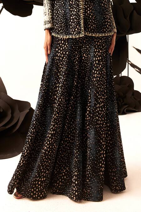 Bhumika Sharma_Black Georgette Embroidery V-neck Rosette Print Jacket And Sharara Set_Online_at_Aza_Fashions