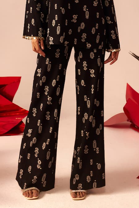 Bhumika Sharma Black Georgette Tassels, Embroidery Boat Neck Floret Print Tunic And Pant Set Online at Aza Fashions Bhumika Sharma_Black Georgette Tassels, Embroidery Boat Neck Floret Print Tunic And Pant Set_Online_at_Aza_Fashions